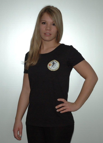 Schwarzes T- Shirt für Frauen mit Vereinslogo und Rückenschrift